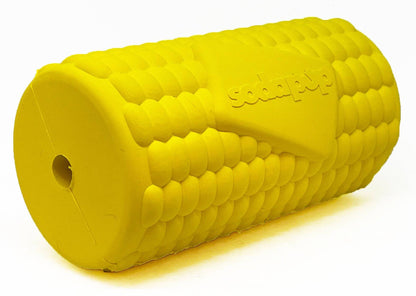 Yellow Corn on the Cob dog toy by SodaPup, durable rubber treat dispenser designed for dogs to chew and play.