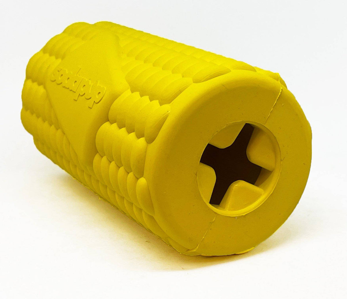 Yellow corn on the cob-shaped rubber dog toy with treat dispenser by SodaPup, durable and USA-made rubber dog toy.
