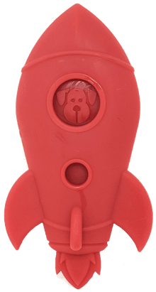 Red Rocket Ship Ultra Durable Nylon Dog Chew Toy by SodaPup for aggressive chewers, designed for strong, energetic dogs.