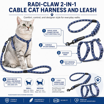 Touchcat 'Radi-Claw' Durable Cable Cat Harness and Leash Combo