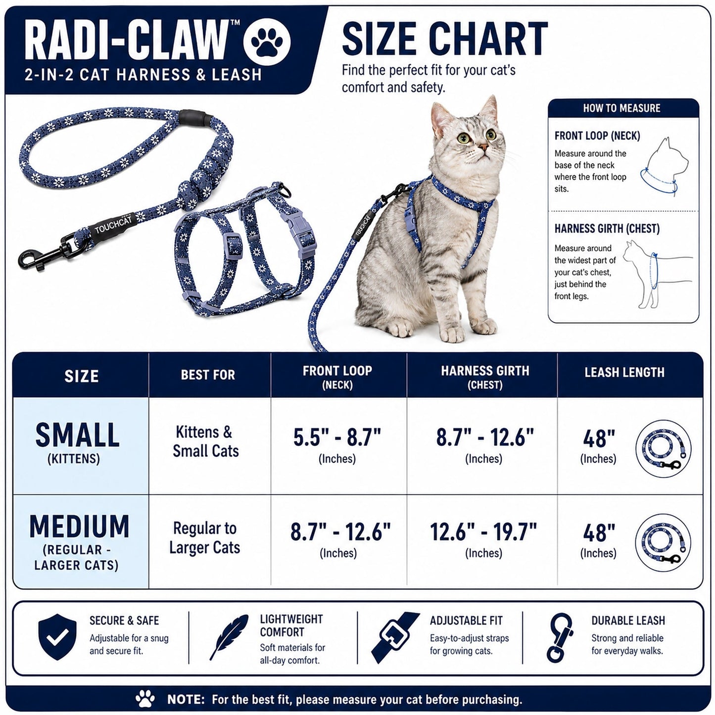 Touchcat 'Radi-Claw' Durable Cable Cat Harness and Leash Combo